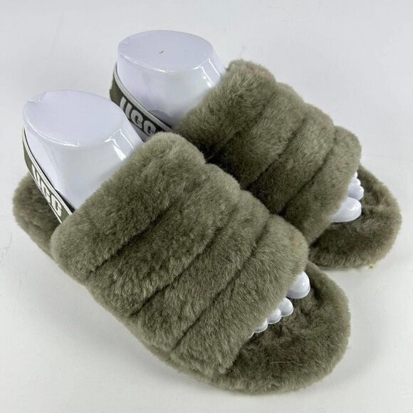 UGG Women's Fluff Yeah US 7 Army Green Platform Slide Fur Sandals - Picture 5 of 10